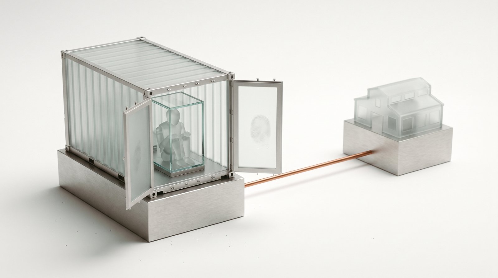 Ein Container aus Milchglas mit offenen Türen, darin ein Roboter in einer Glaskiste, Kupferschiene zu einer Fabrikhalle
