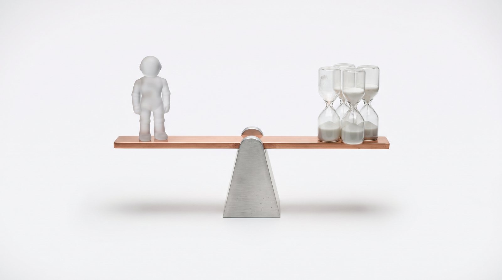 Eine Balkenwaage aus Aluminium und Kupfer, links ein Roboter aus Glas, rechts vier Sanduhren, im Gleichgewicht