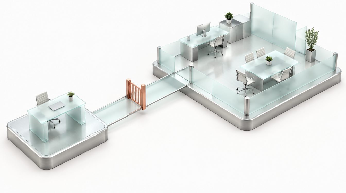 Ein einzelner Glasschreibtisch auf einer eigenen Silberinsel, mit dem Büro nur über einen schmalen Glassteg mit Kupfertor verbunden