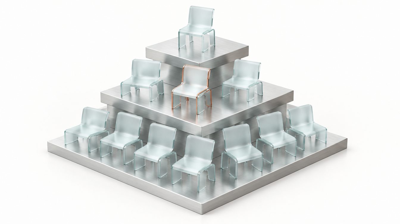 Pyramide aus Glasst&uuml;hlen auf Silberstufen, oben einer, in der Mitte drei, einer davon kupfern umrandet