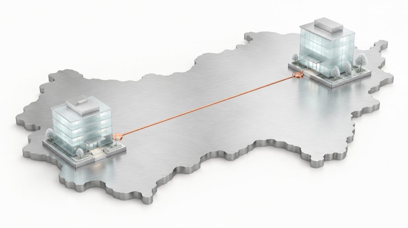 Zwei Glasbüromodelle weit auseinander auf einer Silberplatte, verbunden durch eine Kupferlinie